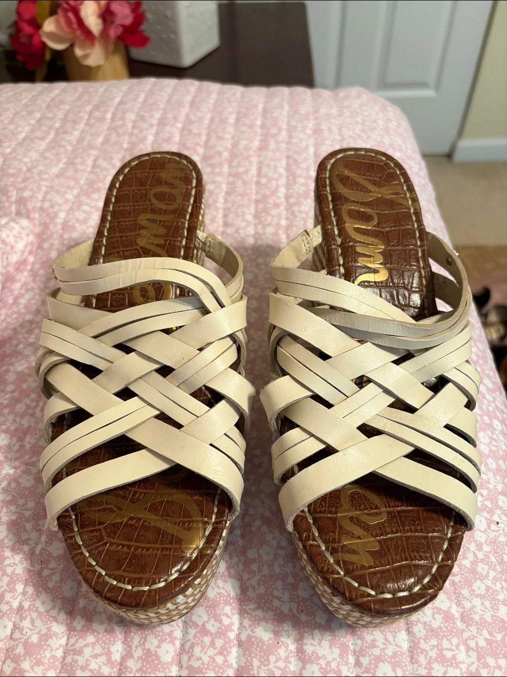 Sam Edelman Cream Woven Slide Wedges